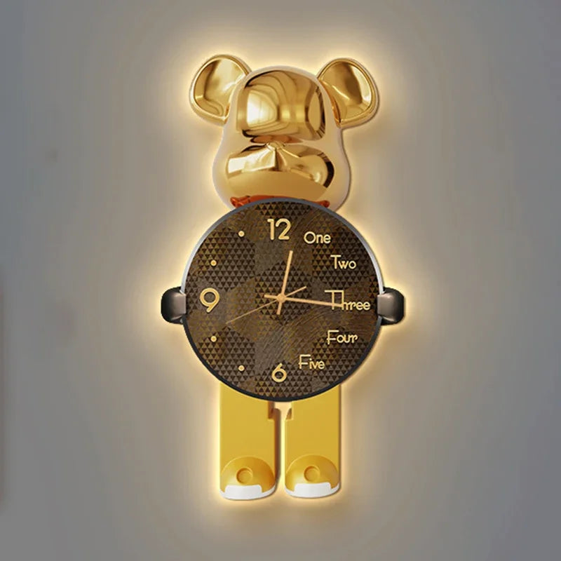 Trendy Bear Wall Clocks Living Room Led Light Wall Clocks Hanging Painting Modern Clock Luxury Entrance Clock Cartoon Brief